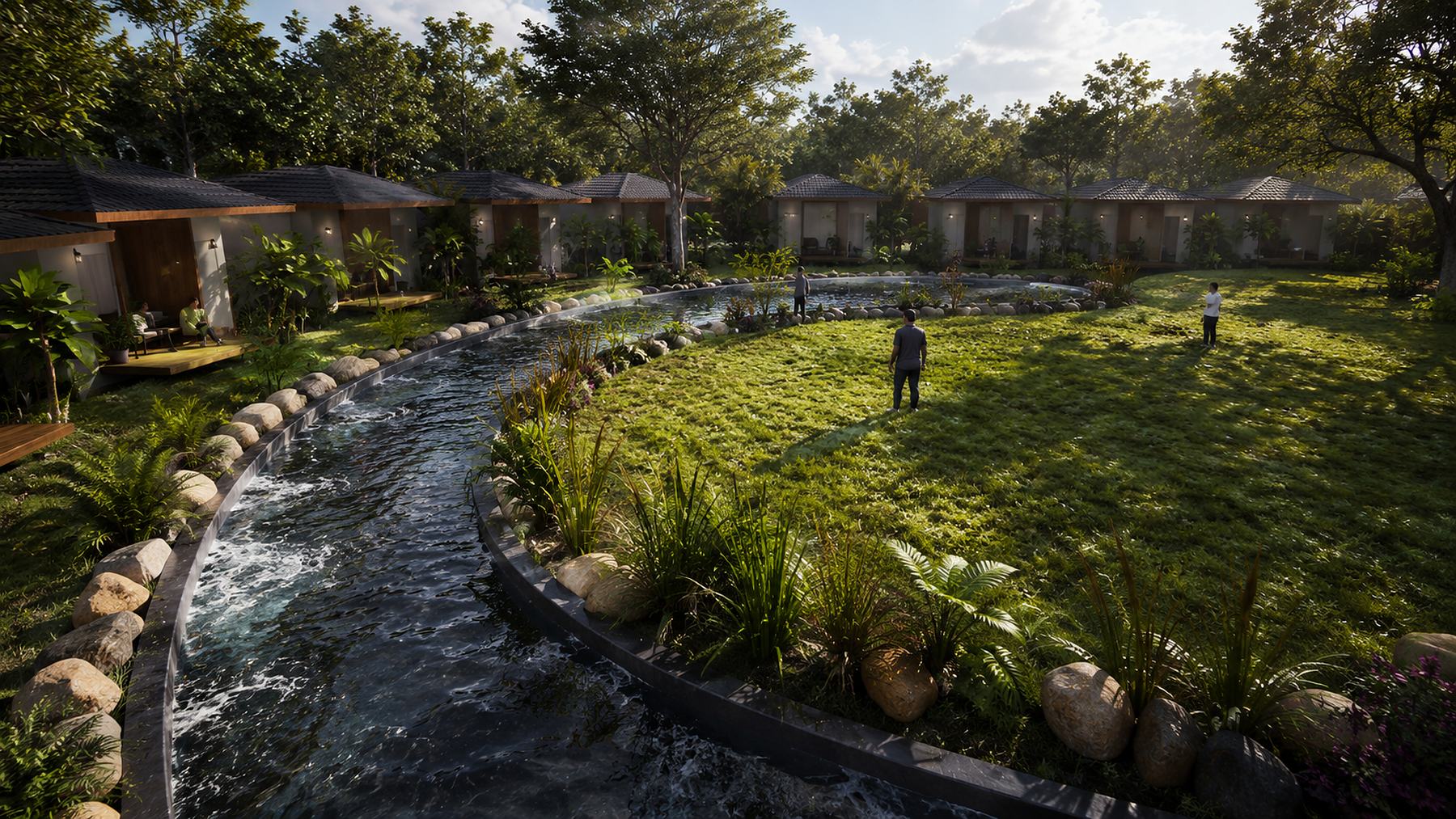 3D visualisation of a landscape design with a semicircle of modern cabins around a lawn and a winding stone-edged stream in a dense forest at golden hour