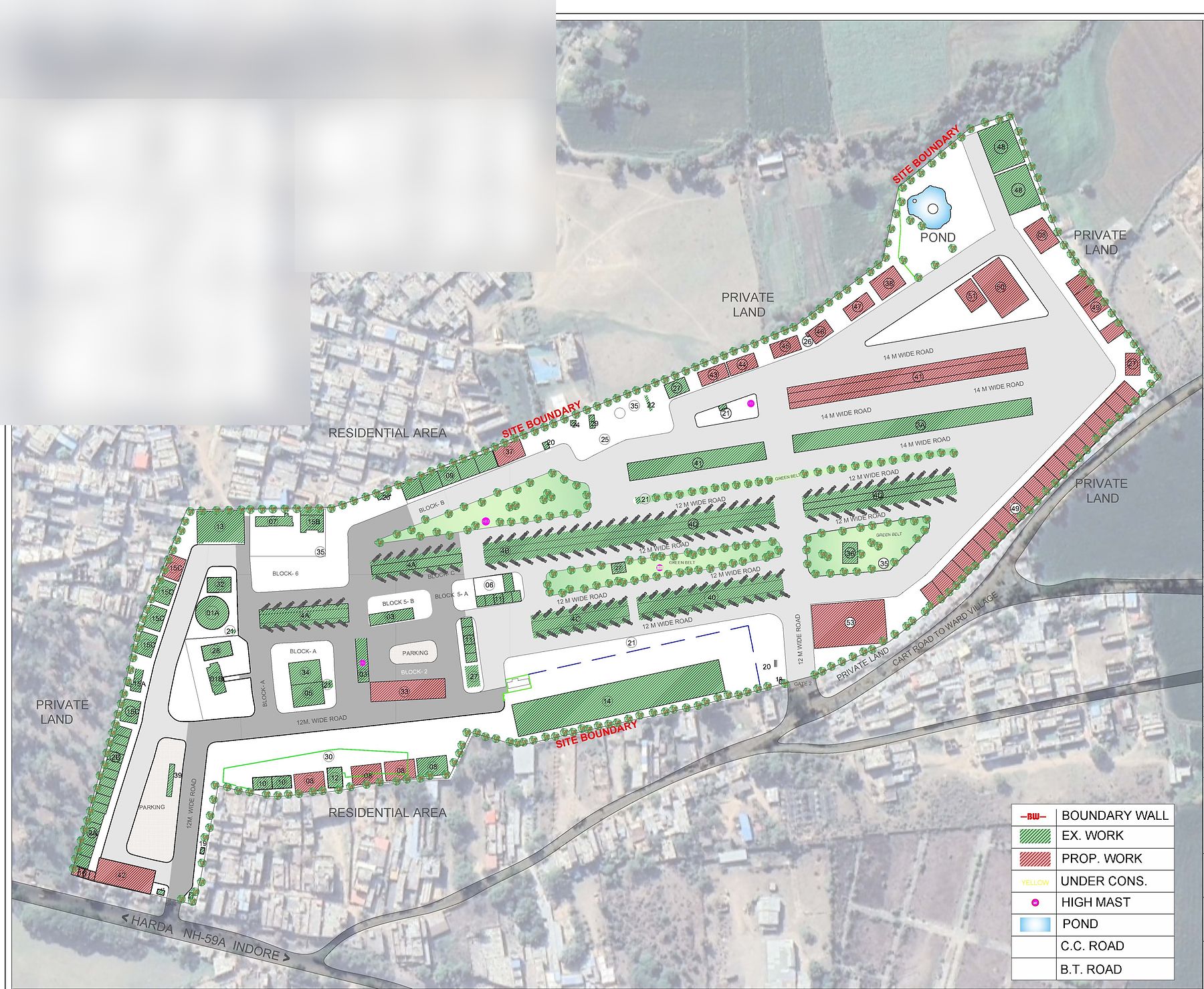 Layout plan drawn over an aerial view for the Khategaon site, showing internal roads, parking, numbered blocks and green belts beside the NH-59A Harda–Indore highway