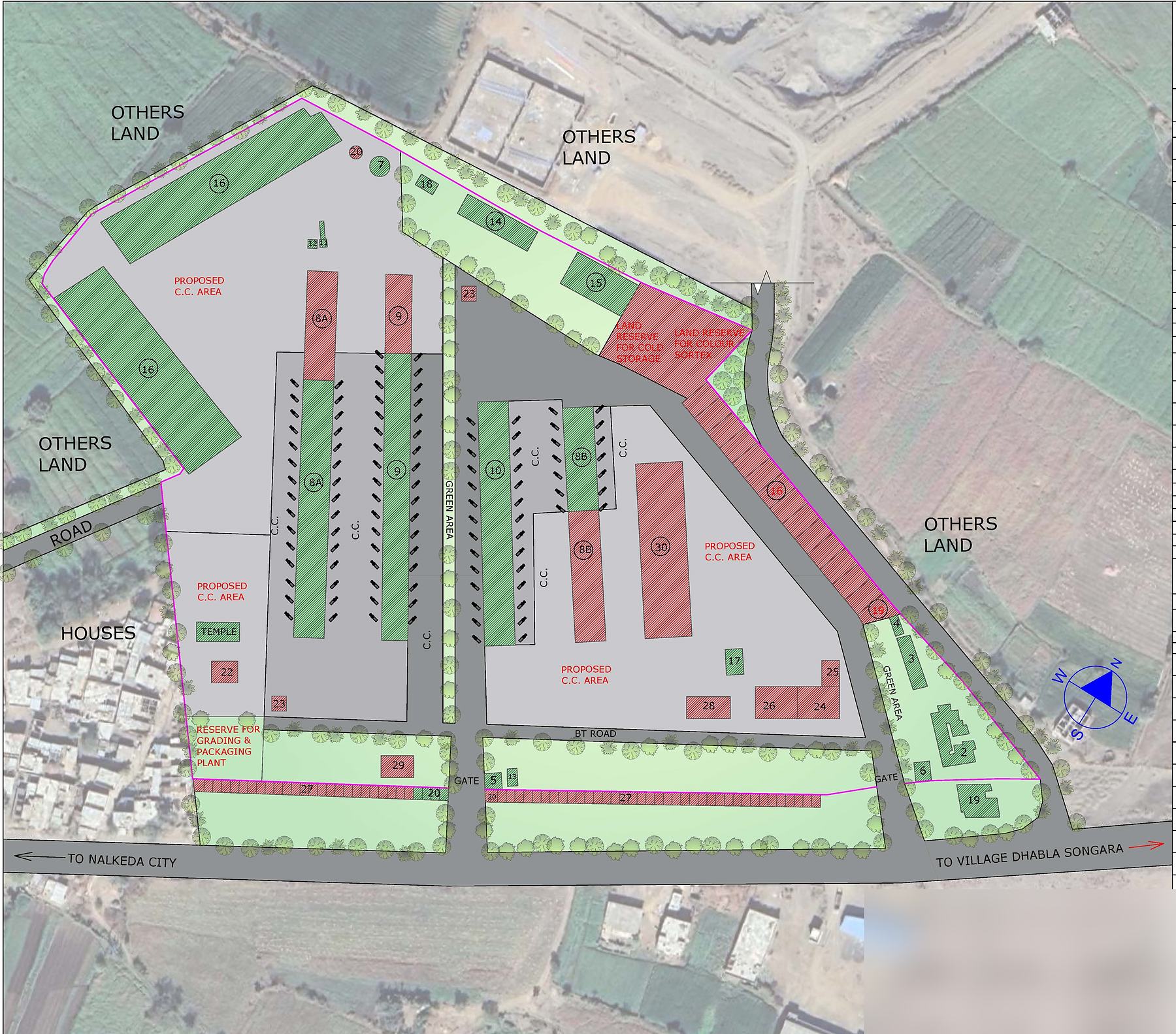 Layout plan over an aerial view of a 9.769 hectare agricultural market yard at Nalkheda, Agar-Malwa, with numbered blocks, C.C. areas, green areas and land reserves for cold storage and grading