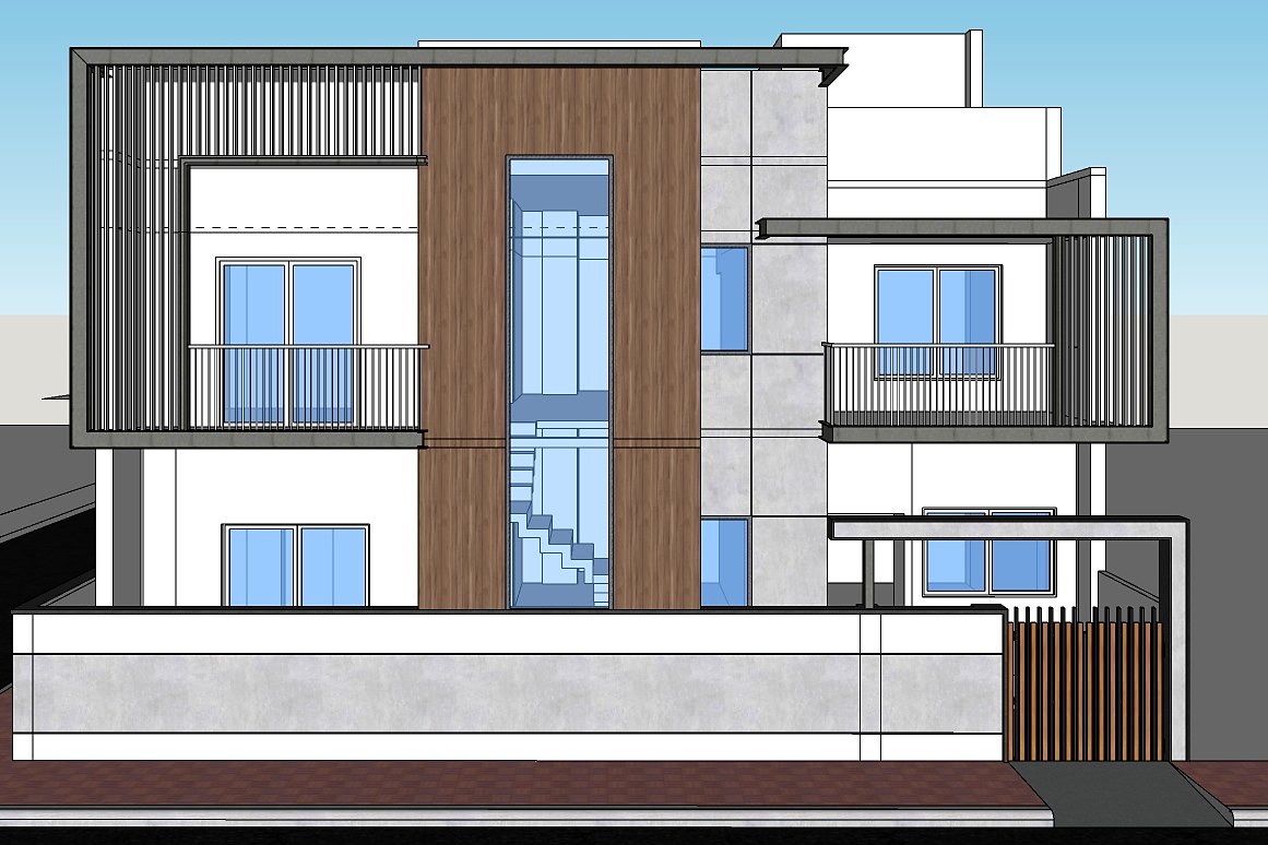 3D visualisation of Dr. Residence, a contemporary two-storey house front elevation with white plaster, timber slats, concrete panels and dark metal balcony frames